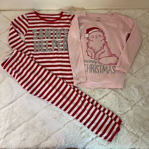 Girls Holiday Pajama Set Red/White Striped Santa’s Helper-Pink Kitty Size 7